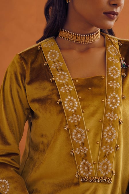 Inej_Yellow Velvet Embroidery, Beads, Gota Patti Split Floral Kurta Gharara Set _at_Aza_Fashions