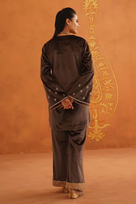 Shop_Inej_Brown Velvet Beads Square Neck Floral Embroidered Tunic And Pant Set _at_Aza_Fashions