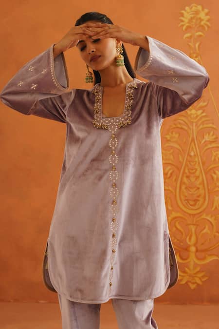 Inej_Purple Velvet Embroidery Square Neck Floral Tunic And Pant Set _Online_at_Aza_Fashions