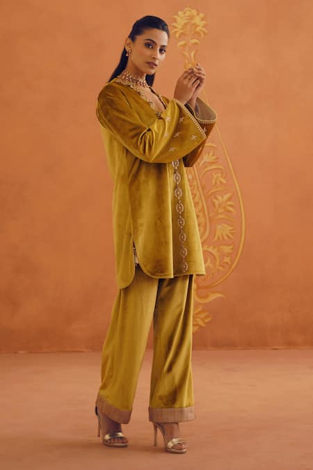 Shop_Inej_Yellow Velvet Beads Square Neck Floral Embroidered Tunic And Pant Set _Online_at_Aza_Fashions