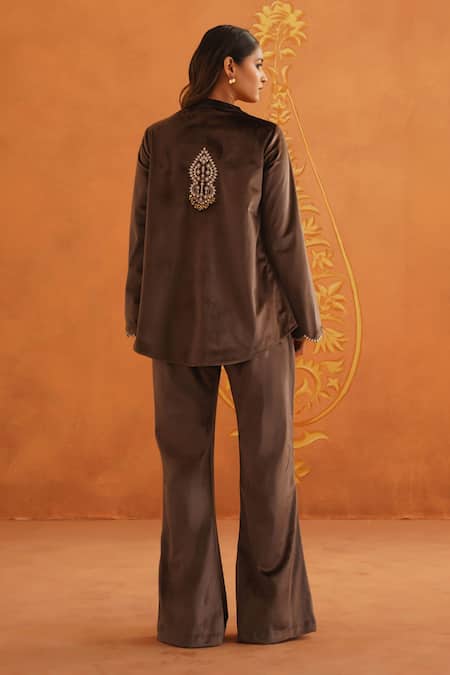 Shop_Inej_Brown Velvet Diamonds, Embroidery, Tassels Collared Floral Top And Pant Set _at_Aza_Fashions