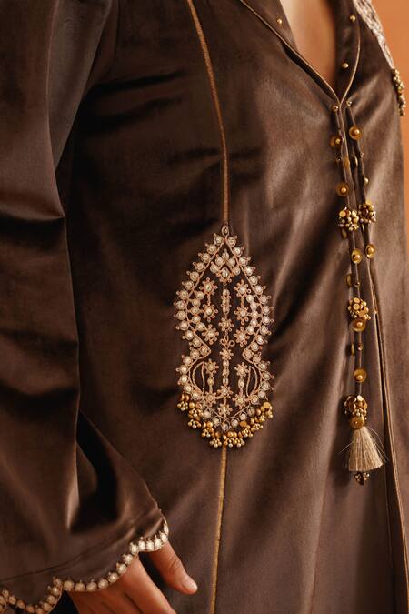 Shop_Inej_Brown Velvet Diamonds, Embroidery, Tassels Collared Floral Top And Pant Set _Online_at_Aza_Fashions