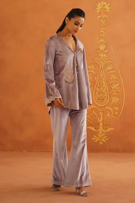 Inej_Purple Velvet Embroidery, Diamonds, Tassels Collared Floral Top And Pant Set _Online_at_Aza_Fashions