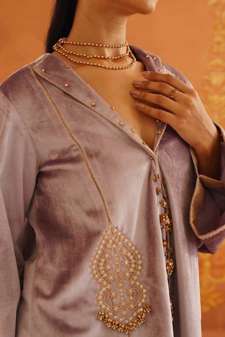 Buy_Inej_Purple Velvet Embroidery, Diamonds, Tassels Collared Floral Top And Pant Set _Online_at_Aza_Fashions