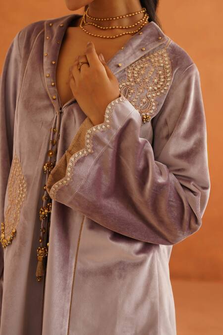 Shop_Inej_Purple Velvet Embroidery, Diamonds, Tassels Collared Floral Top And Pant Set _Online_at_Aza_Fashions