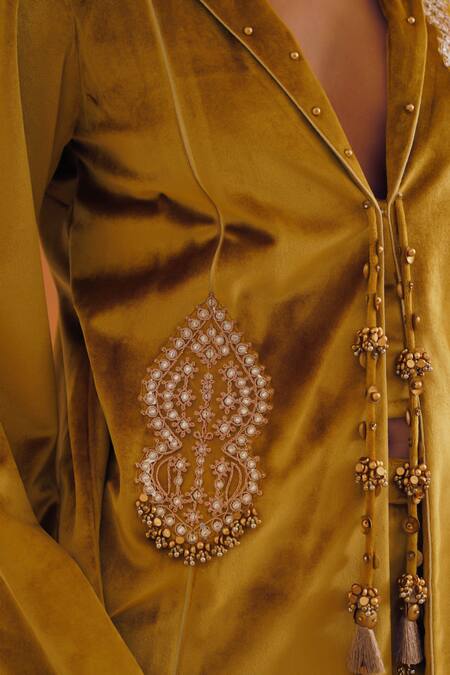 Inej_Yellow Velvet Diamonds, Embroidery, Tassels Floral Top And Bell Bottom Pant Set _Online_at_Aza_Fashions