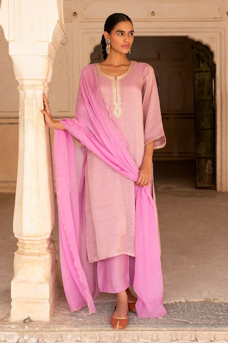 Karaj Jaipur_Pink Silk, Muslin, Organza Mirrors, Embroidery, Sequins Aari Kurta And Pant Set _Online_at_Aza_Fashions