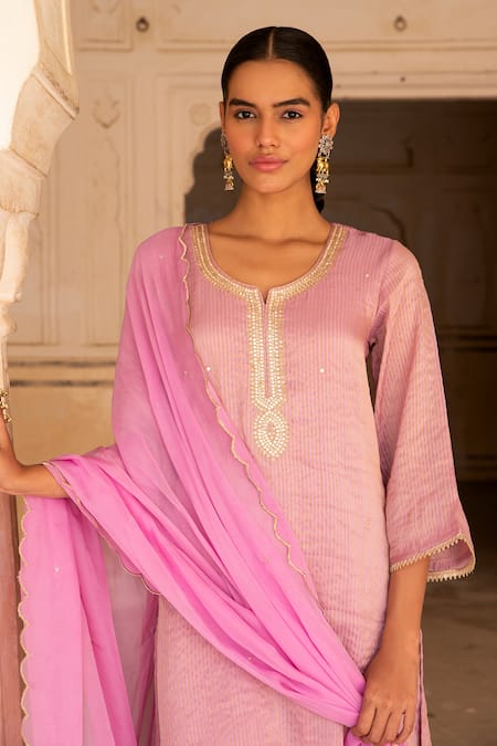Buy_Karaj Jaipur_Pink Silk, Muslin, Organza Mirrors, Embroidery, Sequins Aari Kurta And Pant Set _Online_at_Aza_Fashions