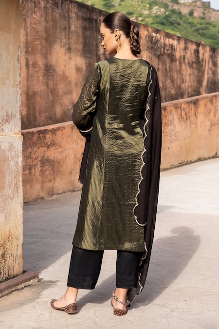 Shop Karaj Jaipur Black Silk, Muslin, Organza Mirrors, Sequins, Embroidery Zari Stripe Kurta Set at Aza Fashions Shop_Karaj Jaipur_Black Silk, Muslin, Organza Mirrors, Sequins, Embroidery Zari Stripe Kurta Set _at_Aza_Fashions