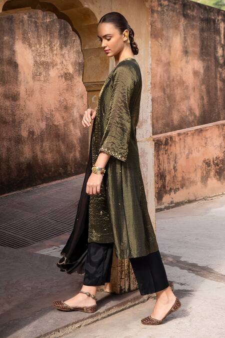 Karaj Jaipur Black Silk, Muslin, Organza Mirrors, Sequins, Embroidery Zari Stripe Kurta Set Online at Aza Fashions Karaj Jaipur_Black Silk, Muslin, Organza Mirrors, Sequins, Embroidery Zari Stripe Kurta Set _Online_at_Aza_Fashions