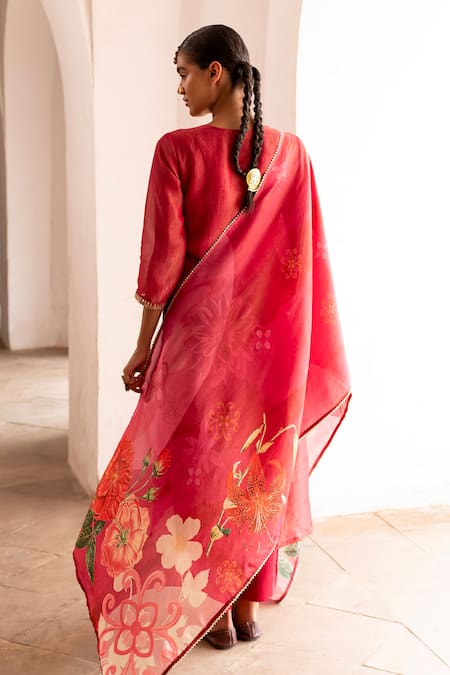 Shop_Karaj Jaipur_Pink Crepe, Muslin, Organza Mirrors, Zari Floral Embroidered Kurta And Pant Set _at_Aza_Fashions