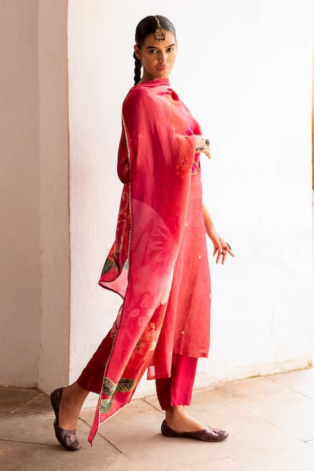 Karaj Jaipur_Pink Crepe, Muslin, Organza Mirrors, Zari Floral Embroidered Kurta And Pant Set _Online_at_Aza_Fashions