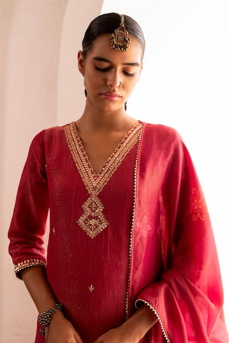 Buy_Karaj Jaipur_Pink Crepe, Muslin, Organza Mirrors, Zari Floral Embroidered Kurta And Pant Set _Online_at_Aza_Fashions