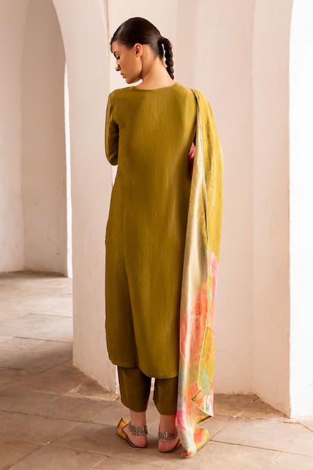 Karaj Jaipur Olive Green Zari Embroidered Kurta Set 