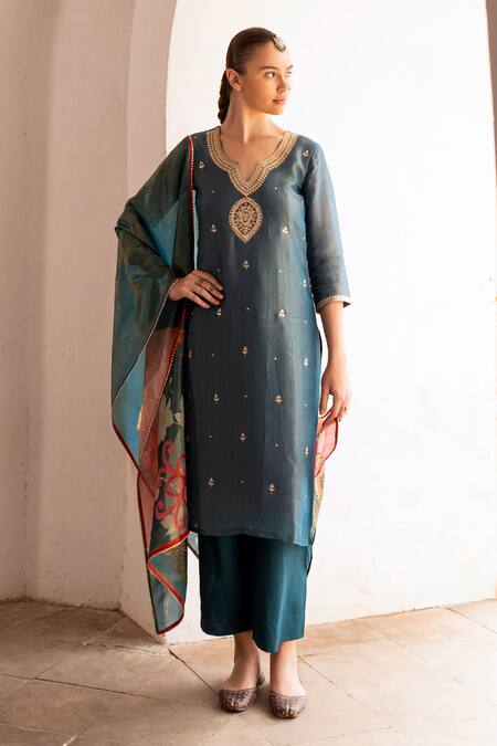 Karaj Jaipur_Blue Silk, Muslin, Organza Gota Patti, Mirrors, Teal Embroidered Kurta Set _Online_at_Aza_Fashions