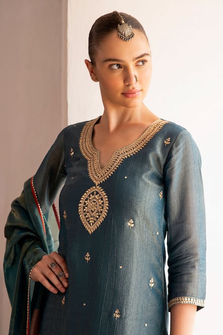 Buy_Karaj Jaipur_Blue Silk, Muslin, Organza Gota Patti, Mirrors, Teal Embroidered Kurta Set _Online_at_Aza_Fashions