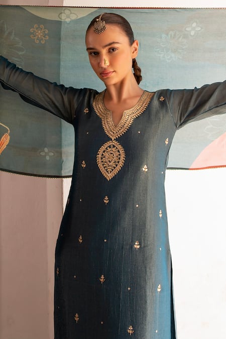 Shop_Karaj Jaipur_Blue Silk, Muslin, Organza Gota Patti, Mirrors, Teal Embroidered Kurta Set _Online_at_Aza_Fashions