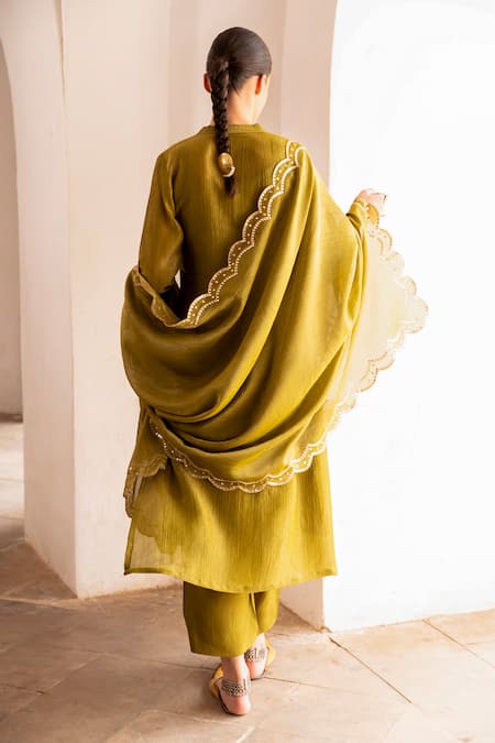 Shop_Karaj Jaipur_Green Silk, Muslin, Tissue Mirrors Bandeau Neck Button Down Olive Kurta Set _at_Aza_Fashions