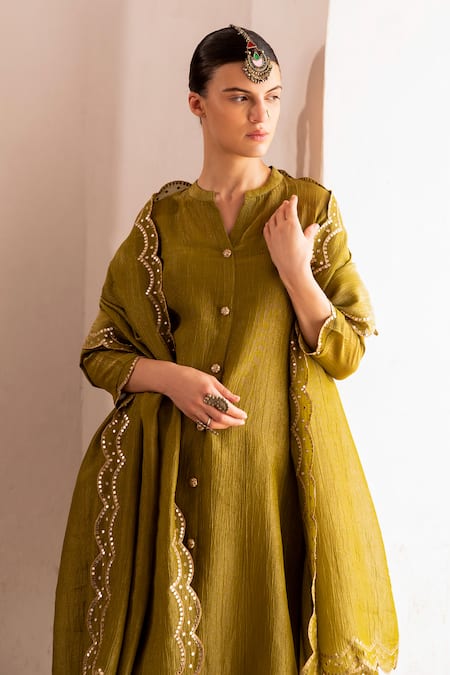 Karaj Jaipur_Green Silk, Muslin, Tissue Mirrors Bandeau Neck Button Down Olive Kurta Set _Online_at_Aza_Fashions