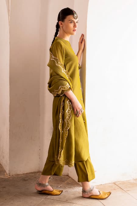 Buy_Karaj Jaipur_Green Silk, Muslin, Tissue Mirrors Bandeau Neck Button Down Olive Kurta Set _Online_at_Aza_Fashions