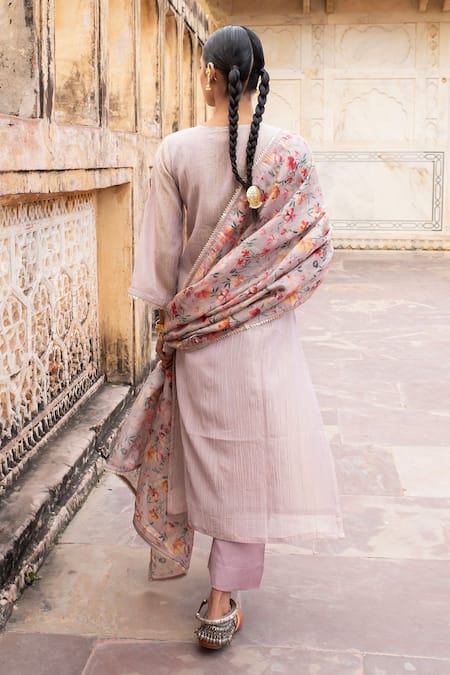 Shop_Karaj Jaipur_Purple Crepe, Cotton, Organza Beads, Mirrors V-neck Floral Embroidered Kurta Set _at_Aza_Fashions