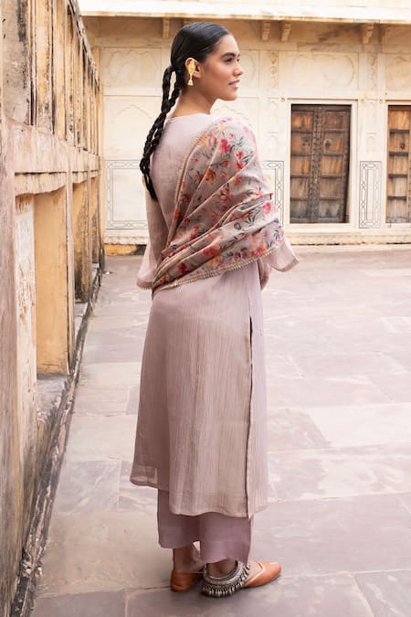 Karaj Jaipur_Purple Crepe, Cotton, Organza Beads, Mirrors V-neck Floral Embroidered Kurta Set _Online_at_Aza_Fashions