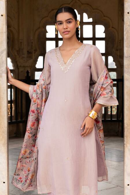 Shop_Karaj Jaipur_Purple Crepe, Cotton, Organza Beads, Mirrors V-neck Floral Embroidered Kurta Set _Online_at_Aza_Fashions