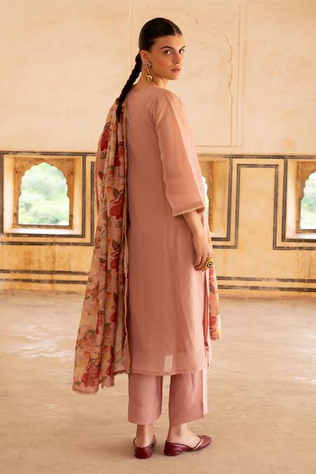 Shop Karaj Jaipur Pink Crepe, Cotton, Organza Sequins, Mirrors, Zari Floral Embroidered Kurta Set at Aza Fashions Shop_Karaj Jaipur_Pink Crepe, Cotton, Organza Sequins, Mirrors, Zari Floral Embroidered Kurta Set _at_Aza_Fashions