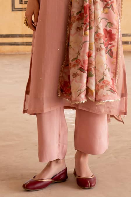 Karaj Jaipur Pink Crepe, Cotton, Organza Sequins, Mirrors, Zari Floral Embroidered Kurta Set Online at Aza Fashions Karaj Jaipur_Pink Crepe, Cotton, Organza Sequins, Mirrors, Zari Floral Embroidered Kurta Set _Online_at_Aza_Fashions