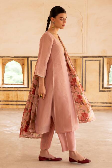 Buy Karaj Jaipur Pink Crepe, Cotton, Organza Sequins, Mirrors, Zari Floral Embroidered Kurta Set Online at Aza Fashions Buy_Karaj Jaipur_Pink Crepe, Cotton, Organza Sequins, Mirrors, Zari Floral Embroidered Kurta Set _Online_at_Aza_Fashions