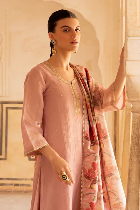 Shop Karaj Jaipur Pink Crepe, Cotton, Organza Sequins, Mirrors, Zari Floral Embroidered Kurta Set Online at Aza Fashions Shop_Karaj Jaipur_Pink Crepe, Cotton, Organza Sequins, Mirrors, Zari Floral Embroidered Kurta Set _Online_at_Aza_Fashions