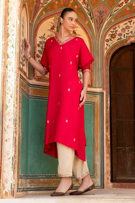 Buy_Karaj Jaipur_Red Denim Mirrors, Zari, Embroidery V-neck Cherry A-line Kurta Set _Online_at_Aza_Fashions