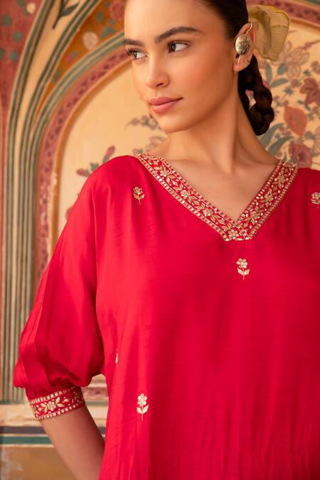 Shop_Karaj Jaipur_Red Denim Mirrors, Zari, Embroidery V-neck Cherry A-line Kurta Set _Online_at_Aza_Fashions