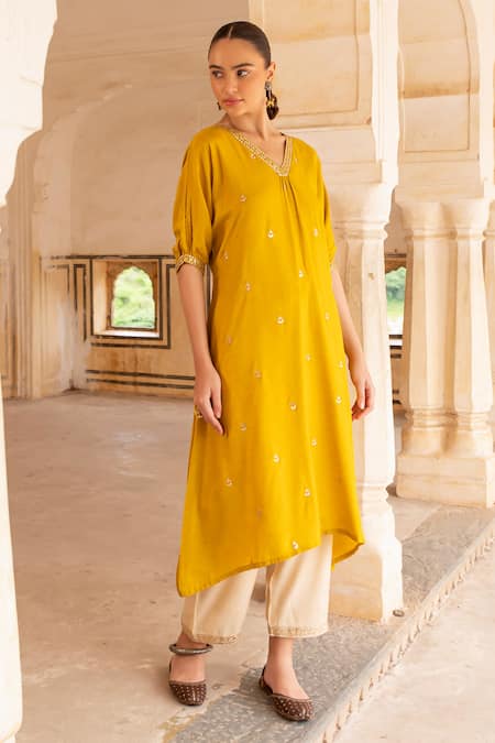 Karaj Jaipur_Yellow Denim, Cotton Mirrors, Zari Embroidered Asymmetric Kurta And Pant Set _Online_at_Aza_Fashions