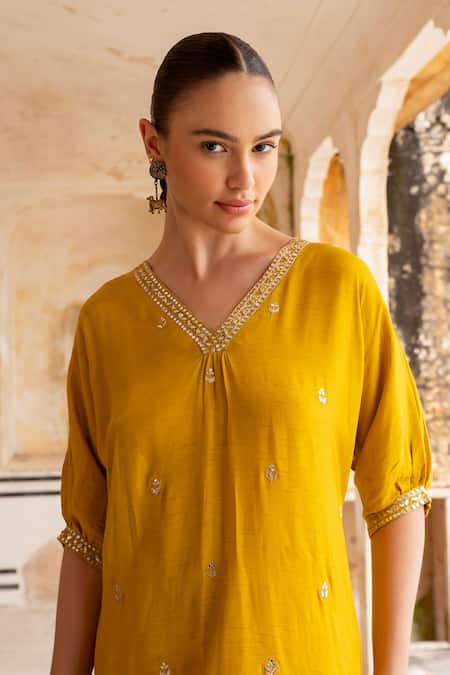 Buy_Karaj Jaipur_Yellow Denim, Cotton Mirrors, Zari Embroidered Asymmetric Kurta And Pant Set _Online_at_Aza_Fashions