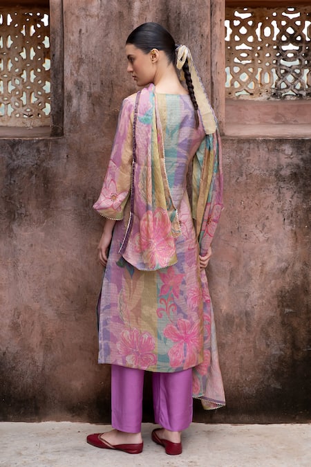 Shop_Karaj Jaipur_Purple Cotton, Organza Mirrors, Zari, Embroidery Floral Kurta Set With Dupatta _at_Aza_Fashions
