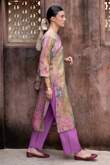 Buy_Karaj Jaipur_Purple Cotton, Organza Mirrors, Zari, Embroidery Floral Kurta Set With Dupatta _Online_at_Aza_Fashions