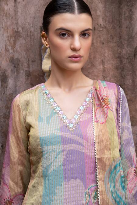 Shop_Karaj Jaipur_Purple Cotton, Organza Mirrors, Zari, Embroidery Floral Kurta Set With Dupatta _Online_at_Aza_Fashions