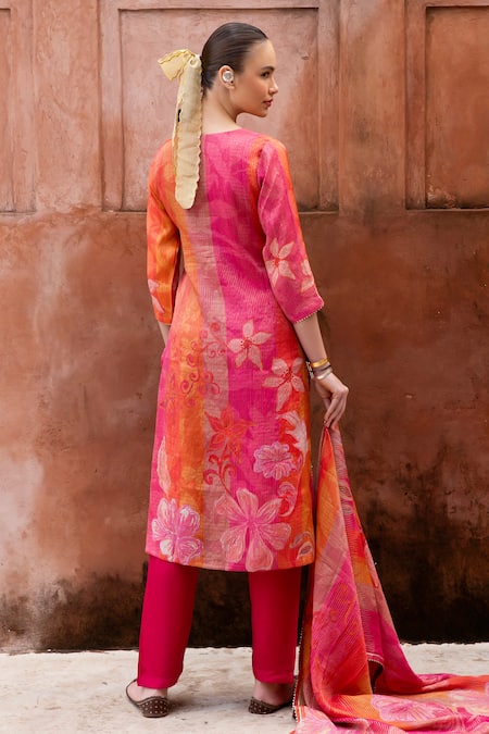 Shop Karaj Jaipur Pink Cotton, Organza Mirrors, Zari Split Floral Embroidered Kurta And Pant Set at Aza Fashions Shop_Karaj Jaipur_Pink Cotton, Organza Mirrors, Zari Split Floral Embroidered Kurta And Pant Set_at_Aza_Fashions