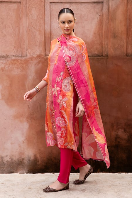 Buy Karaj Jaipur Pink Cotton, Organza Mirrors, Zari Split Floral Embroidered Kurta And Pant Set Online at Aza Fashions Buy_Karaj Jaipur_Pink Cotton, Organza Mirrors, Zari Split Floral Embroidered Kurta And Pant Set_Online_at_Aza_Fashions