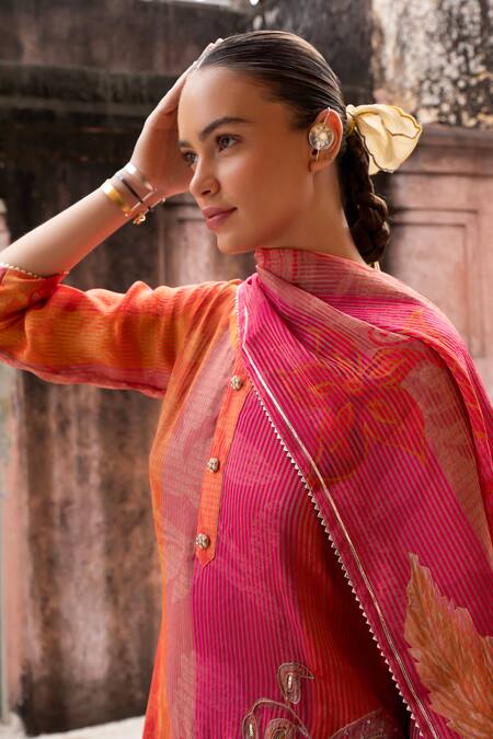 Shop Karaj Jaipur Pink Cotton, Organza Mirrors, Zari Split Floral Embroidered Kurta And Pant Set Online at Aza Fashions Shop_Karaj Jaipur_Pink Cotton, Organza Mirrors, Zari Split Floral Embroidered Kurta And Pant Set_Online_at_Aza_Fashions