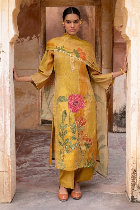 KARAJ JAIPUR Floral Zari Embroidered Straight Kurta & Pant Set 