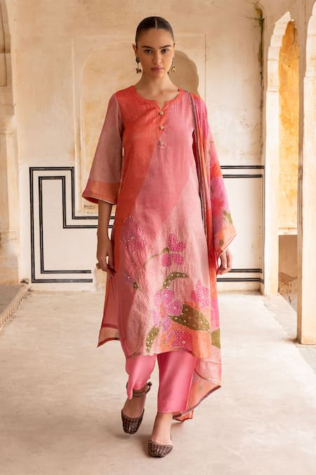 KARAJ JAIPUR Floral Mirror Embroidered Straight Kurta & Pant Set 