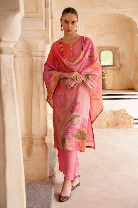Karaj Jaipur_Pink Cotton, Organza Mirrors, Embroidery Split V-neck Floral Kurta Set _Online_at_Aza_Fashions