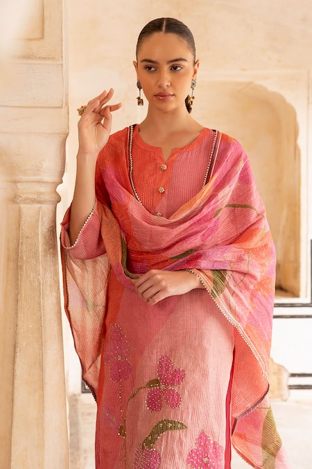 Buy_Karaj Jaipur_Pink Cotton, Organza Mirrors, Embroidery Split V-neck Floral Kurta Set _Online_at_Aza_Fashions