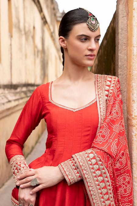 Buy_Karaj Jaipur_Red Silk, Muslin Embroidery Round Neck Marodi Kalidar Anarkali Set _Online_at_Aza_Fashions