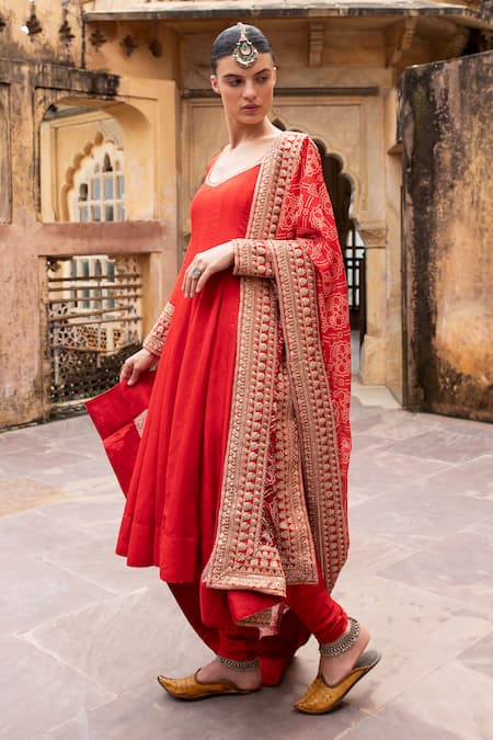Karaj Jaipur_Red Silk, Muslin Embroidery Round Neck Marodi Kalidar Anarkali Set _at_Aza_Fashions