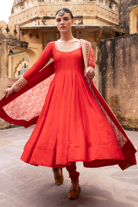 Buy_Karaj Jaipur_Red Silk, Muslin Embroidery Round Neck Marodi Kalidar Anarkali Set 