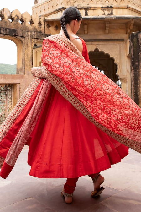 Shop_Karaj Jaipur_Red Silk, Muslin Embroidery Round Neck Marodi Kalidar Anarkali Set 