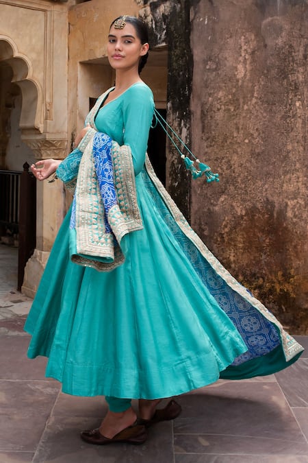 Karaj Jaipur Blue Silk, Chanderi, Muslin Tassels, Embroidery Dori Kalidar Anarkali Set Online at Aza Fashions Karaj Jaipur_Blue Silk, Chanderi, Muslin Tassels, Embroidery Dori Kalidar Anarkali Set _Online_at_Aza_Fashions